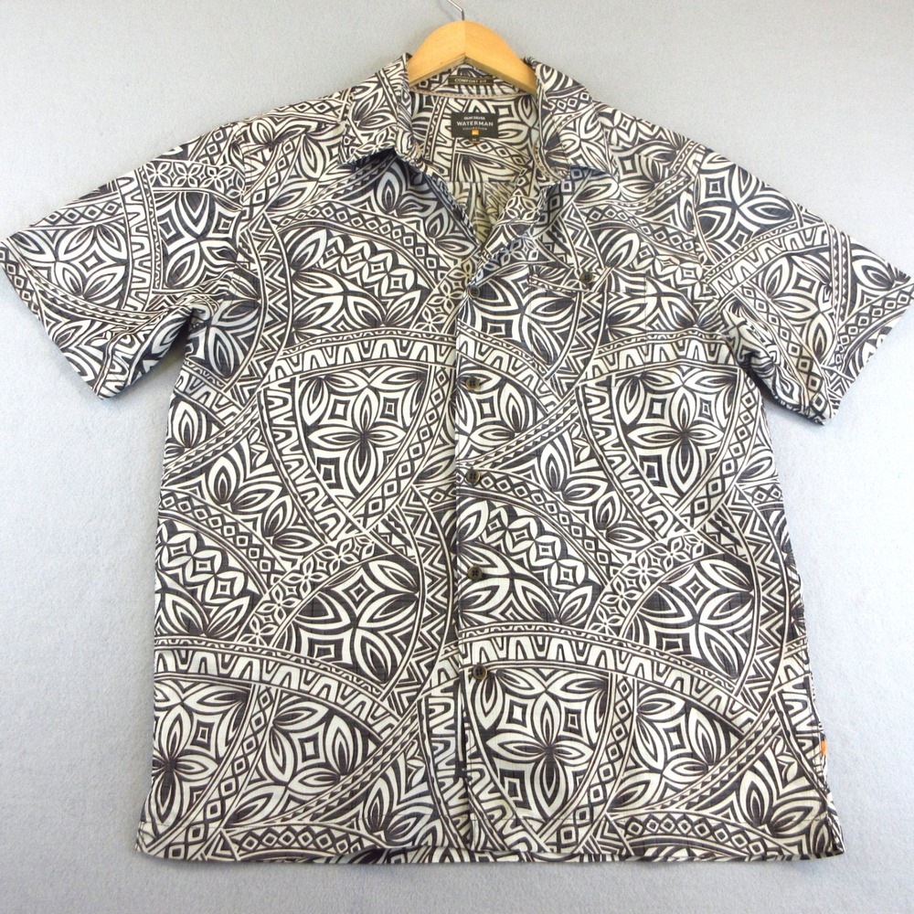 Quiksilver Waterman Shirt Mens M Black White Verata Bay Tribal Print Button Surf